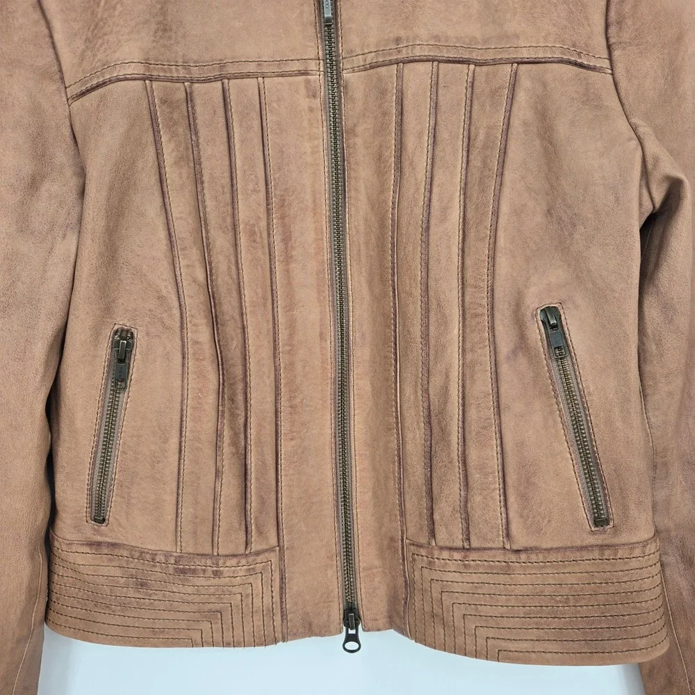 Haute Hippie Real Lambskin Leather Jacket Brown Pleated Biker Chic Boho Womens S - Picture 7 of 12